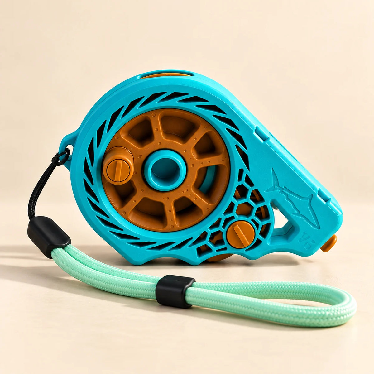 Turquoise handline fishing reel with wrist strap