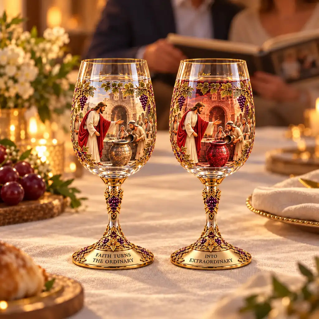 Miracle at Cana matching two-glass set beside a shared family memory album