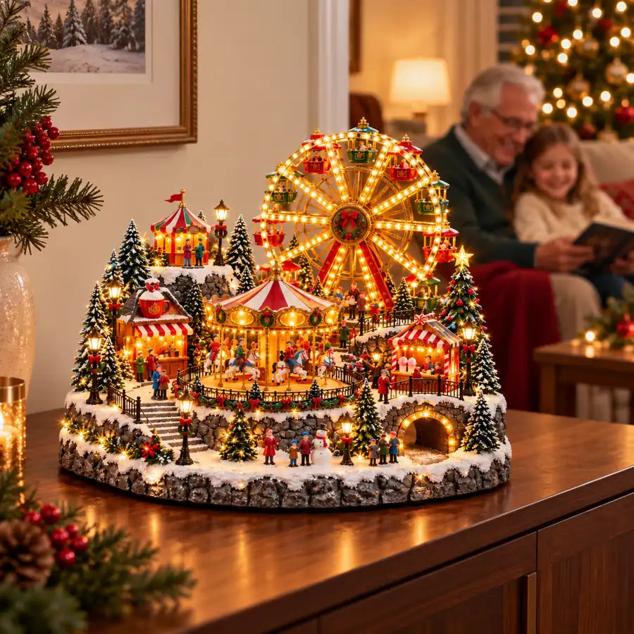 Christmas carnival display with a grandfather reading to a child in the background