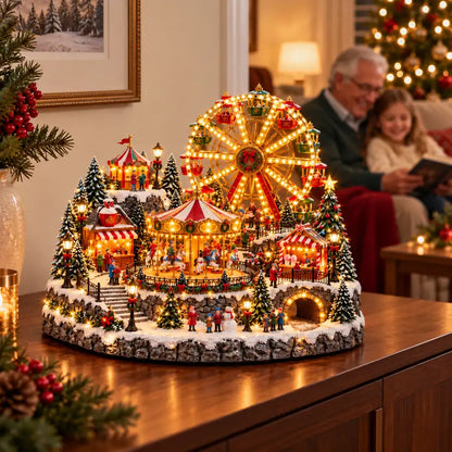 Christmas carnival display with a grandfather reading to a child in the background