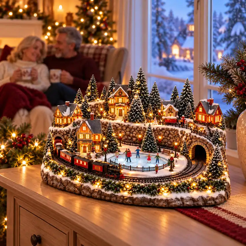 Snowy Christmas village and train display in a cozy room with an older couple