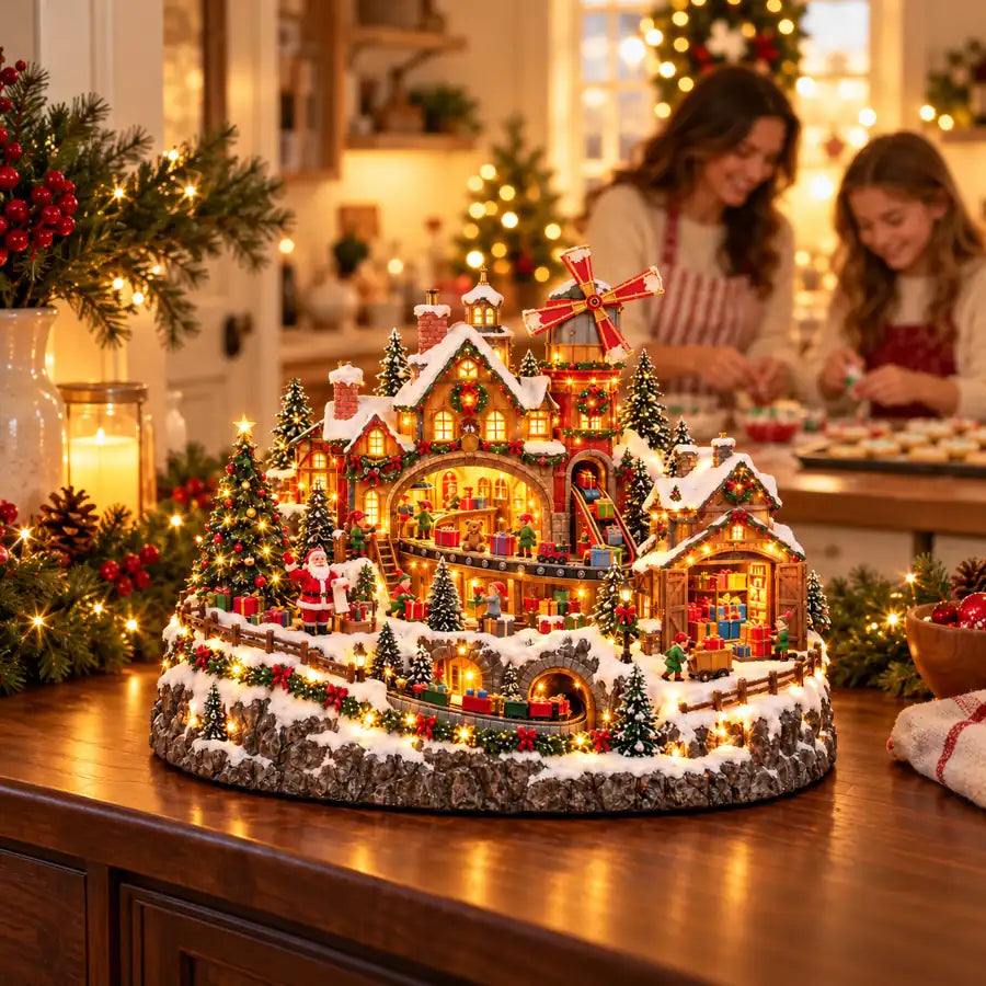 Santa workshop village display with holiday baking in the background