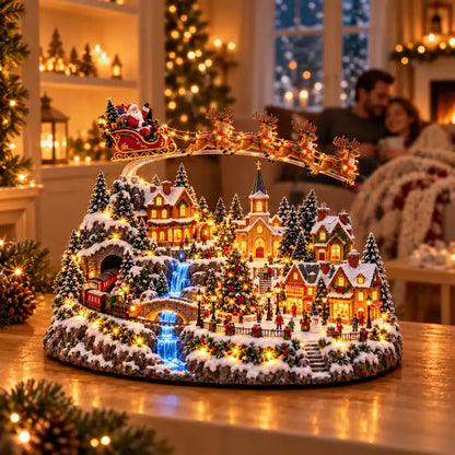 Flying reindeer Christmas village display in a warm family living room