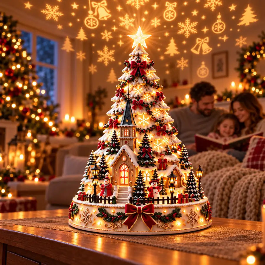 Classic Village Lightscape Tree with a family reading beside its warm Christmas glow