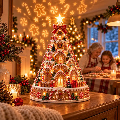 Gingerbread Village Lightscape Tree with a grandmother and child baking together