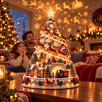 Santa Express Lightscape Tree with a father and daughter enjoying the Christmas display