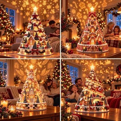 All four Christmas Village Lightscape Tree styles shown in separate cozy holiday scenes