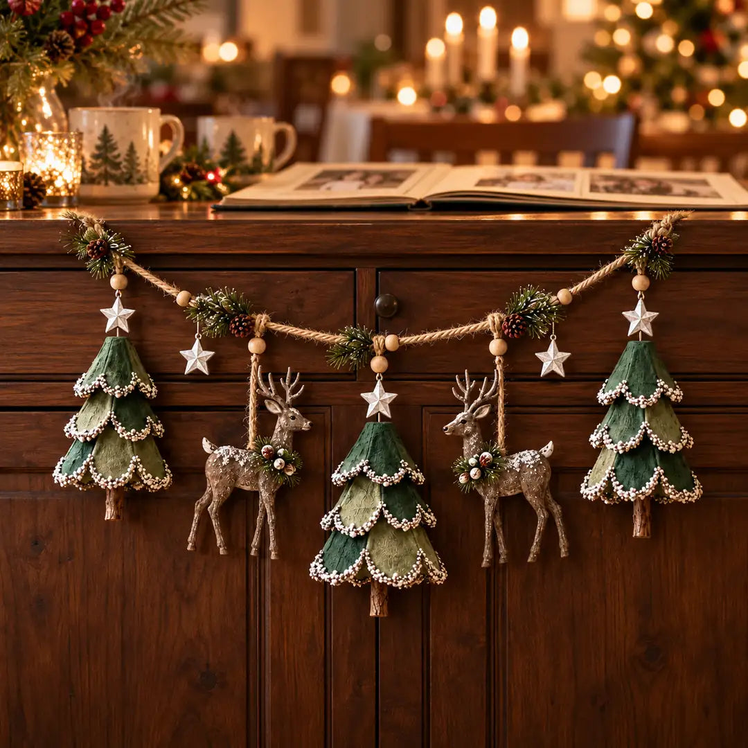 Woodland tree and deer garland beneath a family memory album in a warm Christmas room