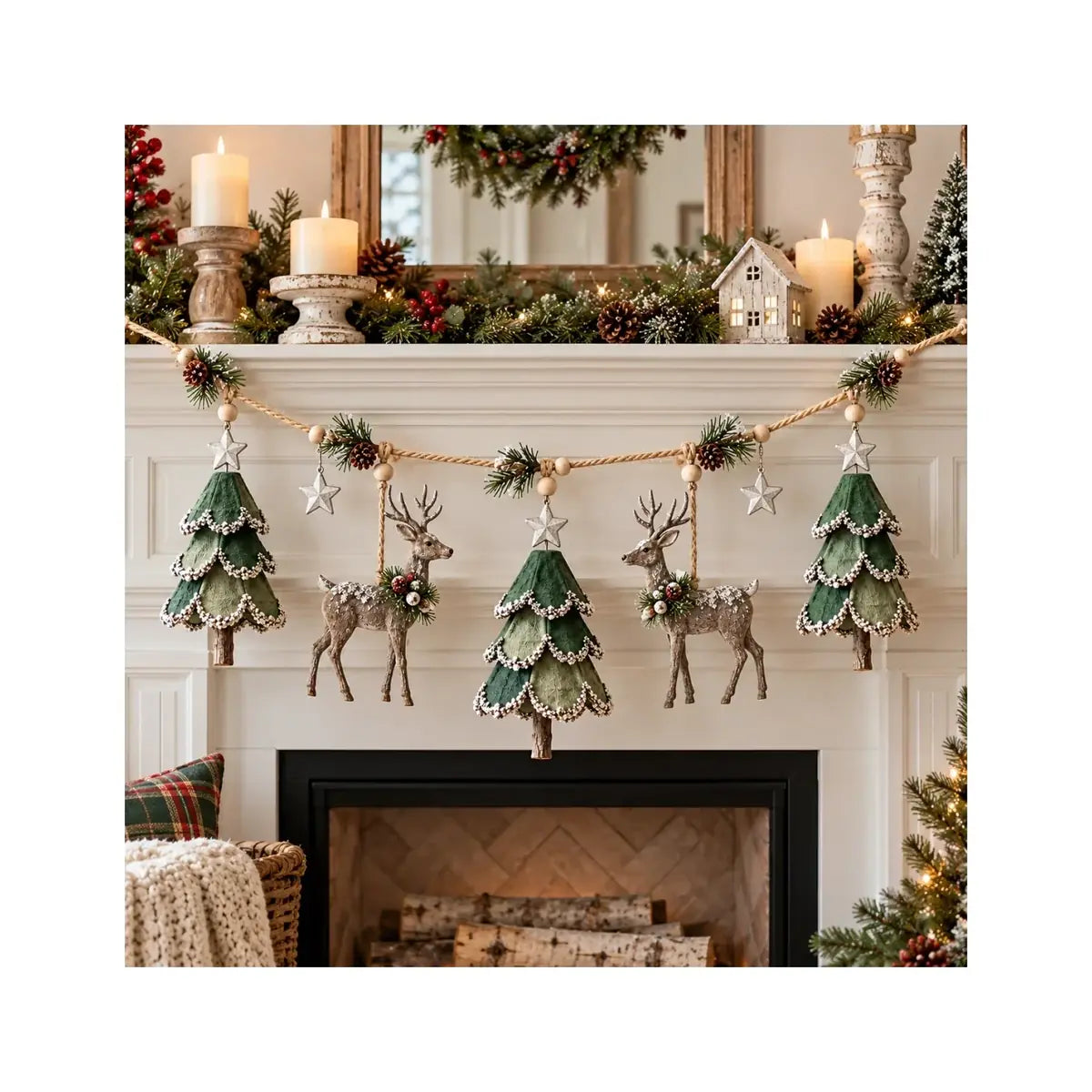 Three tree and two deer woodland garland in a warm daytime mantel setting