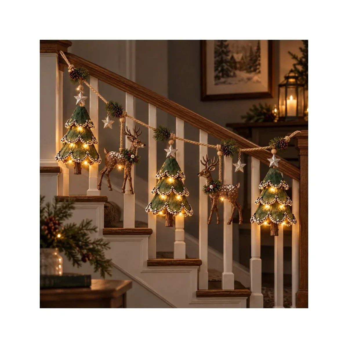 Lighted woodland tree and deer garland along a welcoming holiday staircase