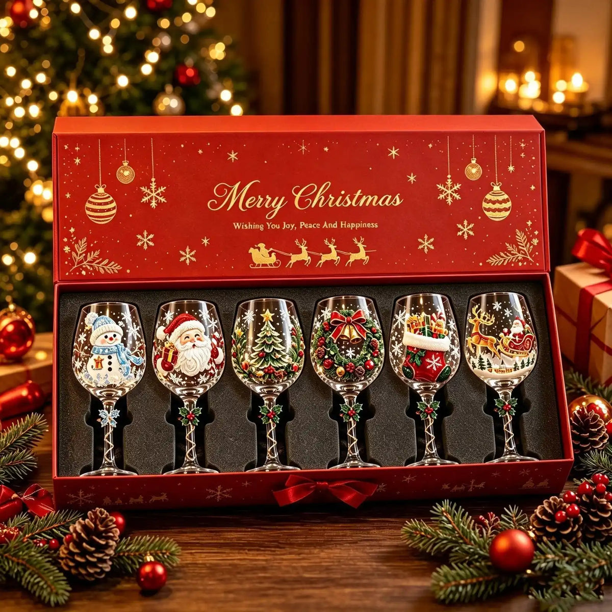 Six-piece Christmas wine glass collection in example gift presentation