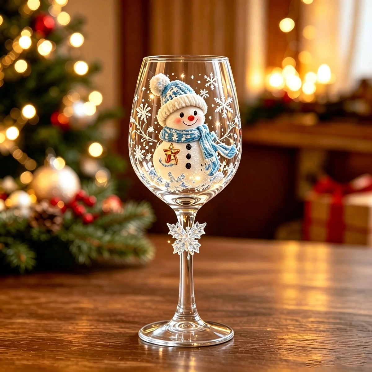 Snowman Christmas wine glass with snowflake stem accent