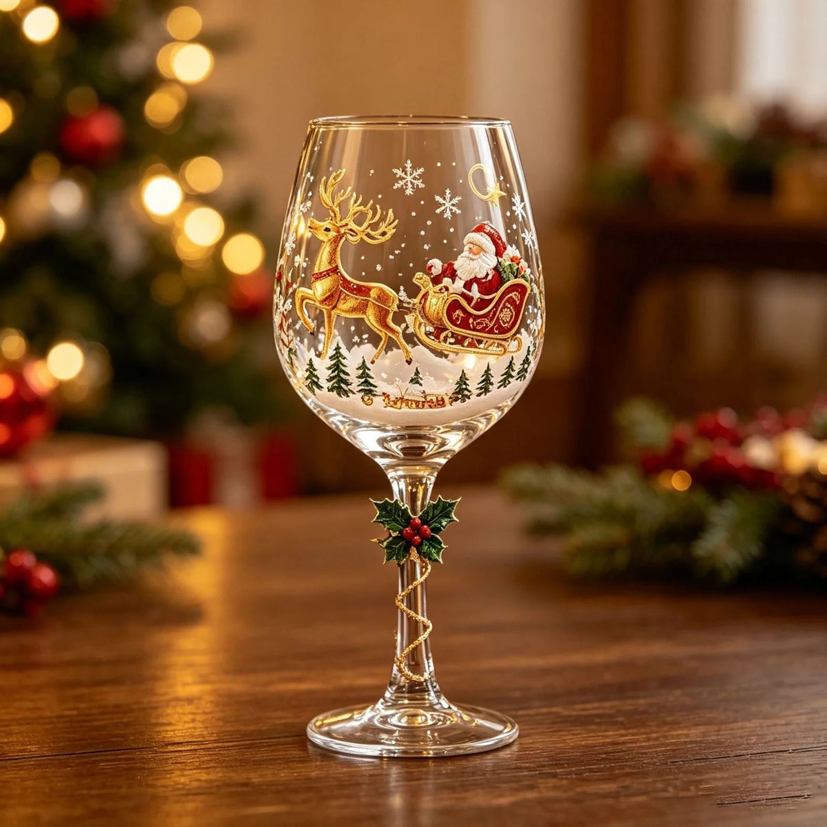 Reindeer sleigh Christmas wine glass design