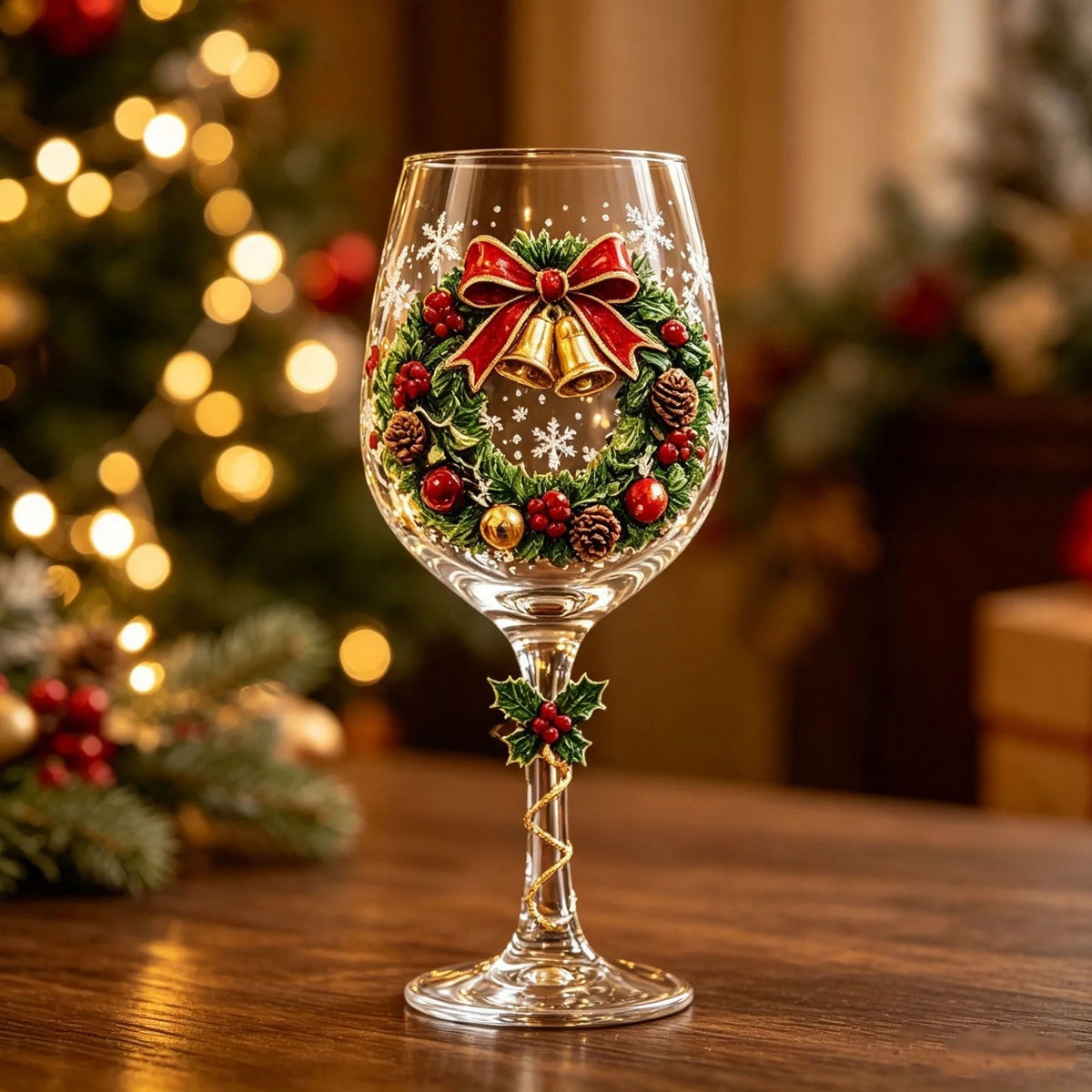 Christmas wreath wine glass with bow decoration