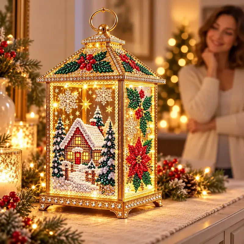 Illustrative finished snowy-cottage diamond-art lantern glowing in a cozy Christmas home; DIY assembly project