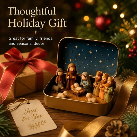 Mini Nativity keepsake tin styled beside wrapped gifts