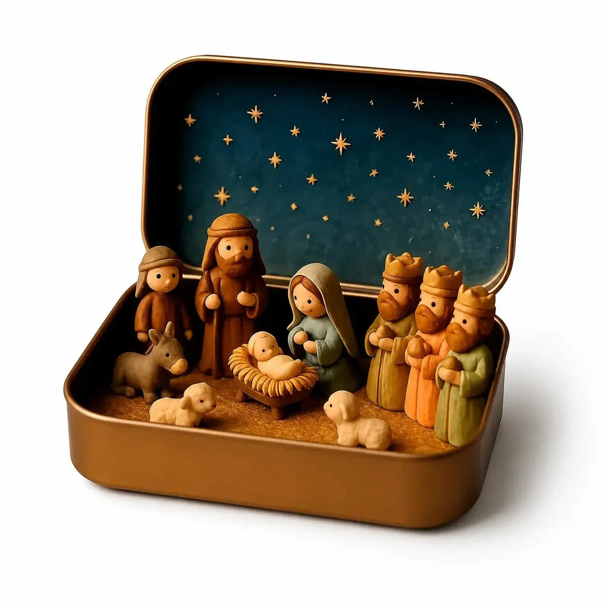 Open Nativity tin with starry blue lid and miniature figures