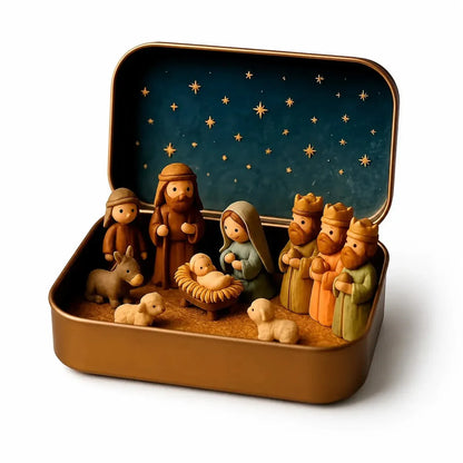 Open Nativity tin with starry blue lid and miniature figures