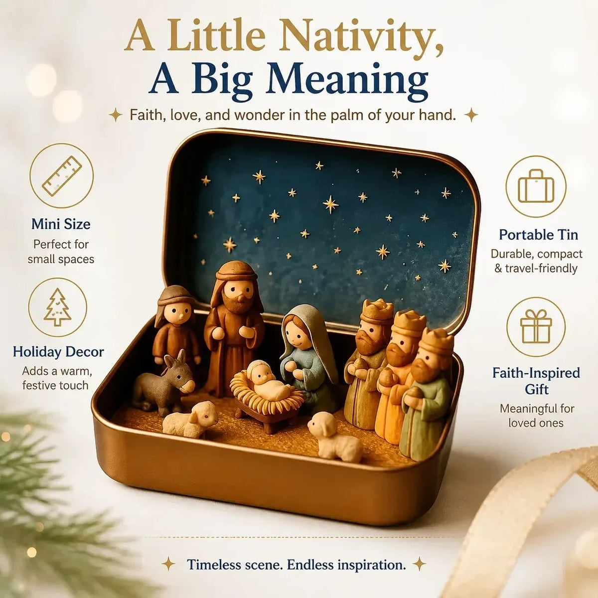 Miniature Nativity scene in a compact gold-colored keepsake tin