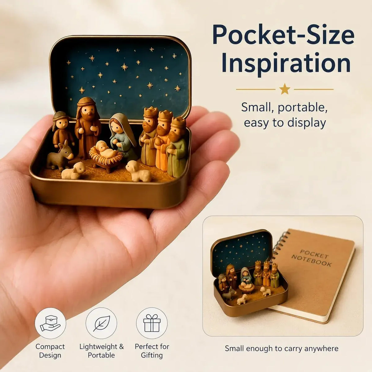 Nativity tin shown resting in a hand