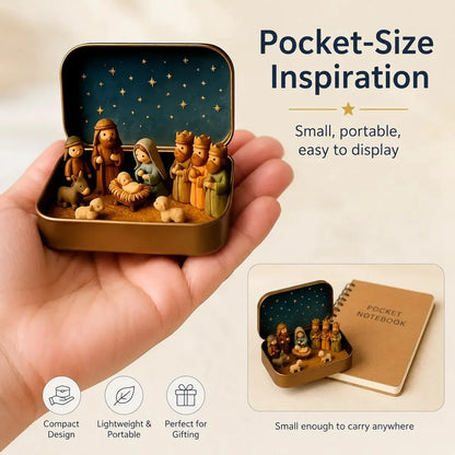 Nativity tin shown resting in a hand