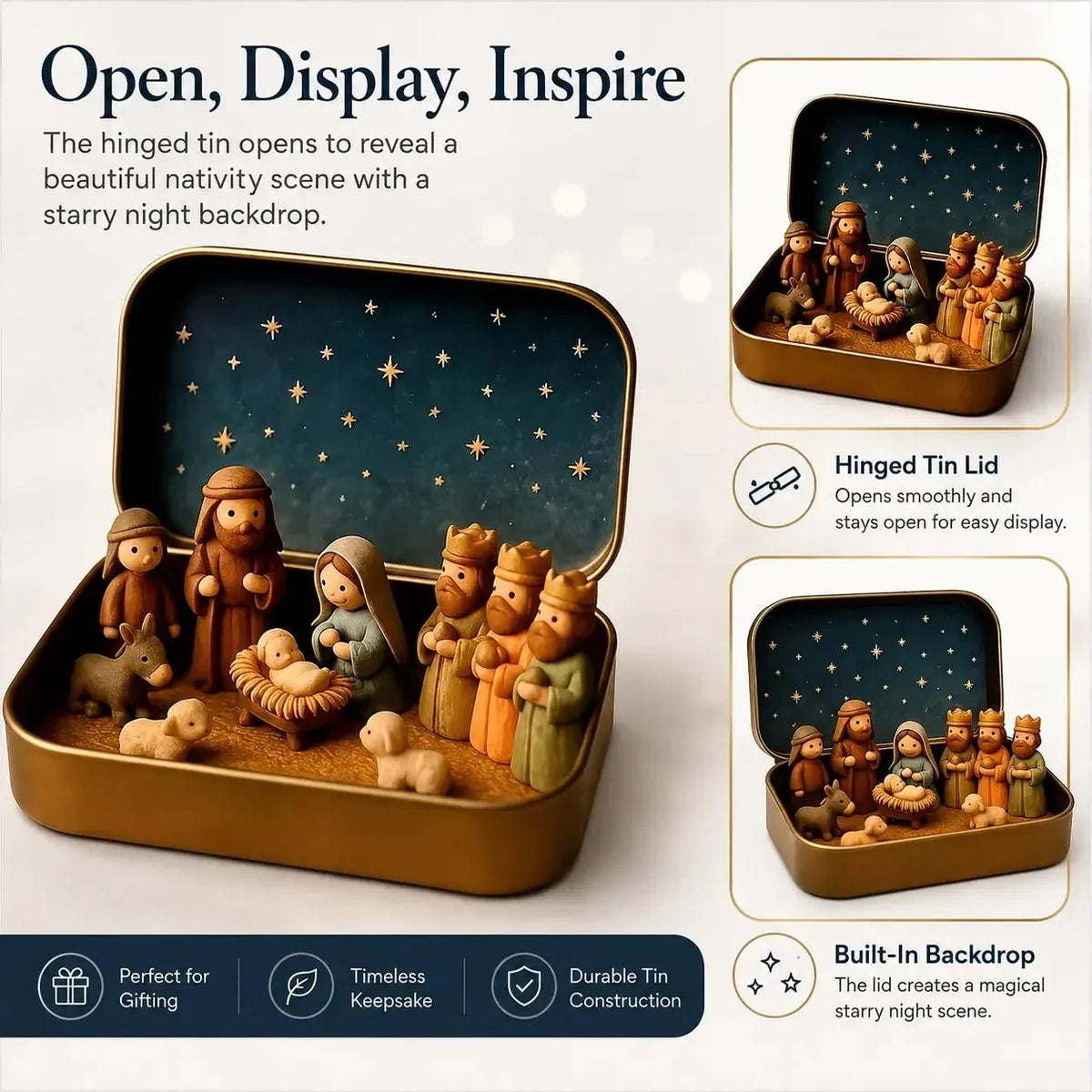 Hinged Nativity tin opened for tabletop display