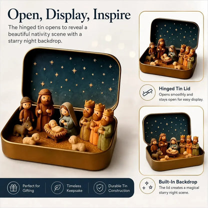 Hinged Nativity tin opened for tabletop display