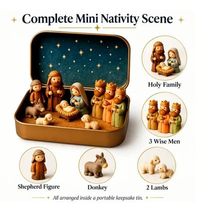 Nativity scene guide identifying family, wise men, shepherd and animals