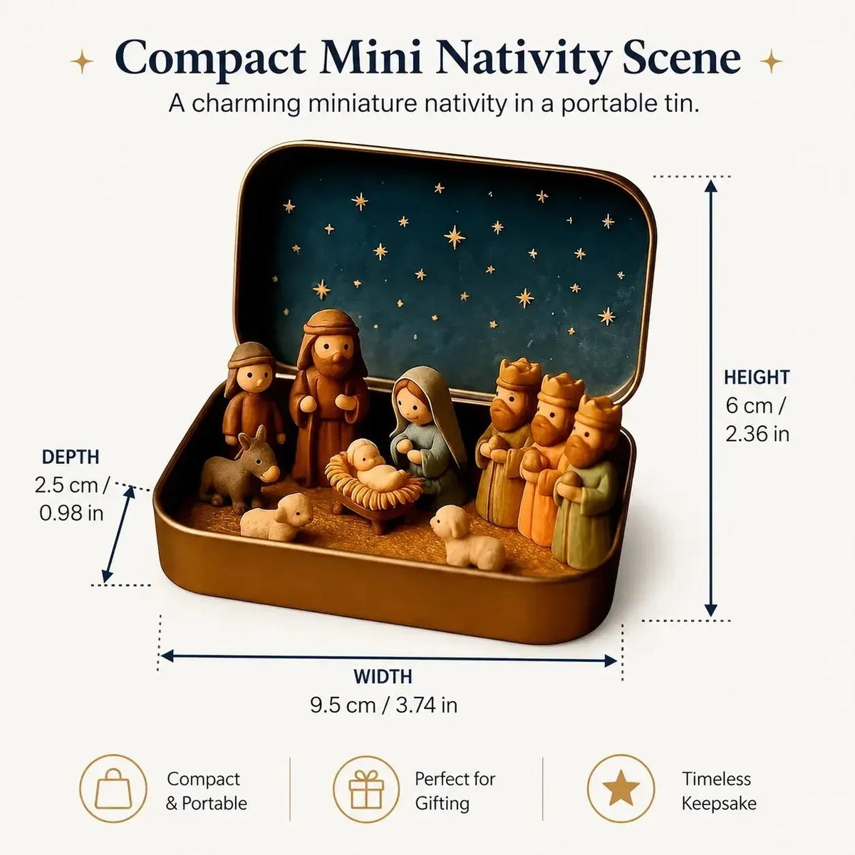 Nativity tin size guide: 9.5 by 6 by 2.5 cm