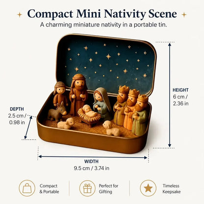 Nativity tin size guide: 9.5 by 6 by 2.5 cm