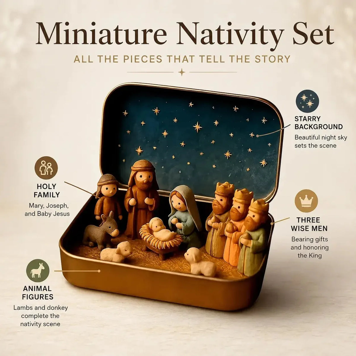 Close-up of Holy Family and wise men in starry Nativity tin