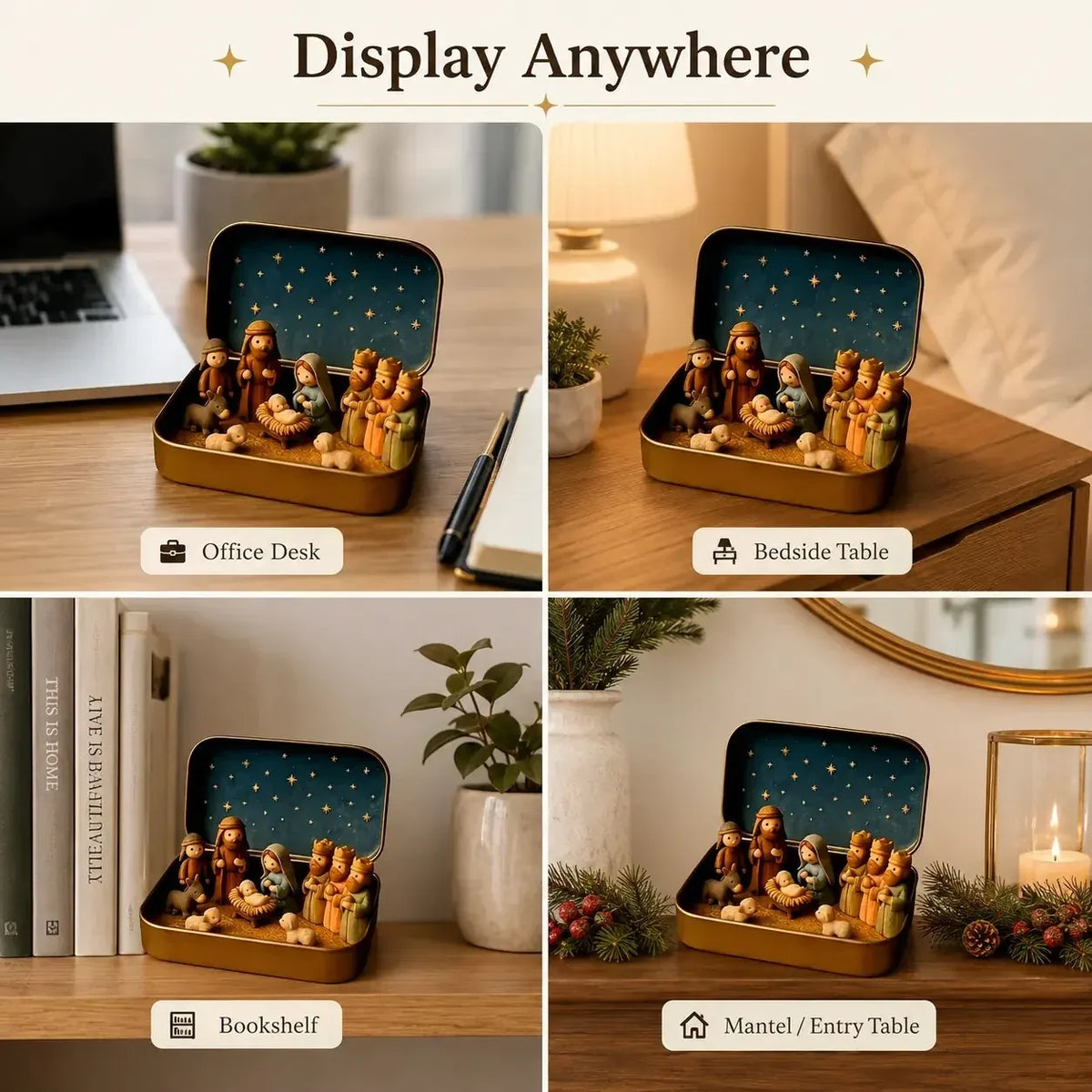 Mini Nativity tin styled on desks, shelves and mantel