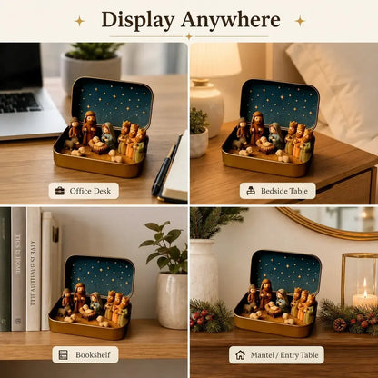 Mini Nativity tin styled on desks, shelves and mantel