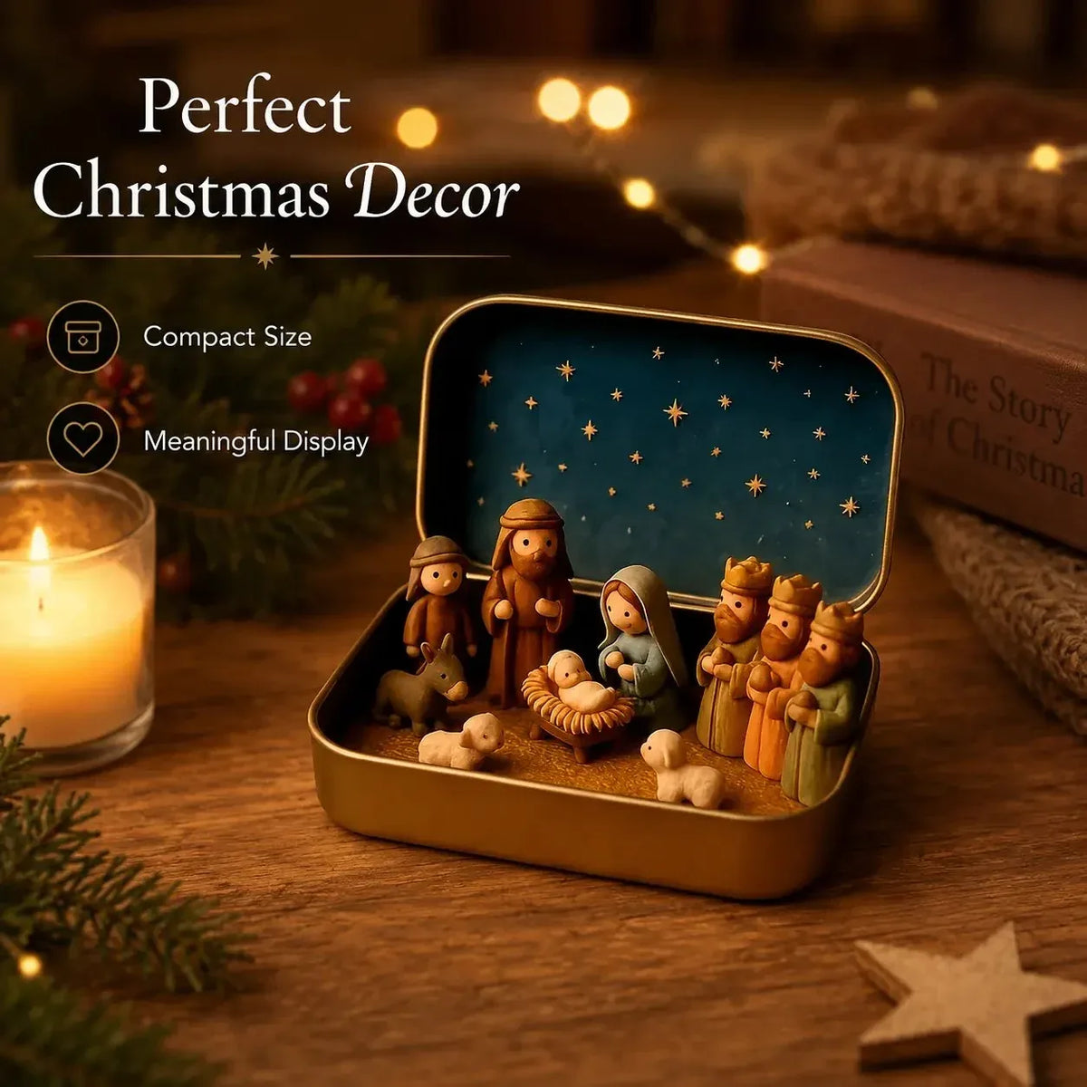 Open Nativity keepsake tin in a Christmas display