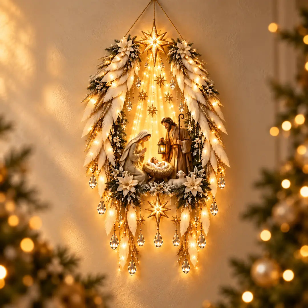 Angel-wing Nativity wall hanging with the Holy Family, Bethlehem star and warm cascading lights in a Christmas setting