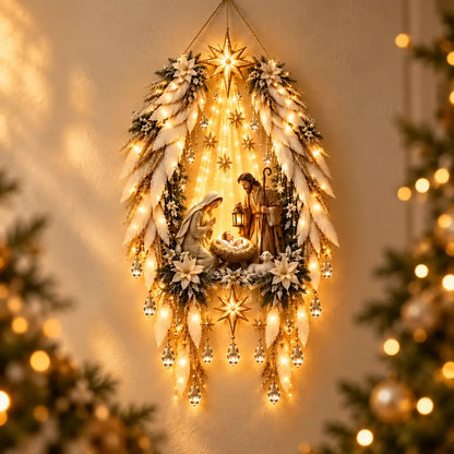 Angel-wing Nativity wall hanging with the Holy Family, Bethlehem star and warm cascading lights in a Christmas setting