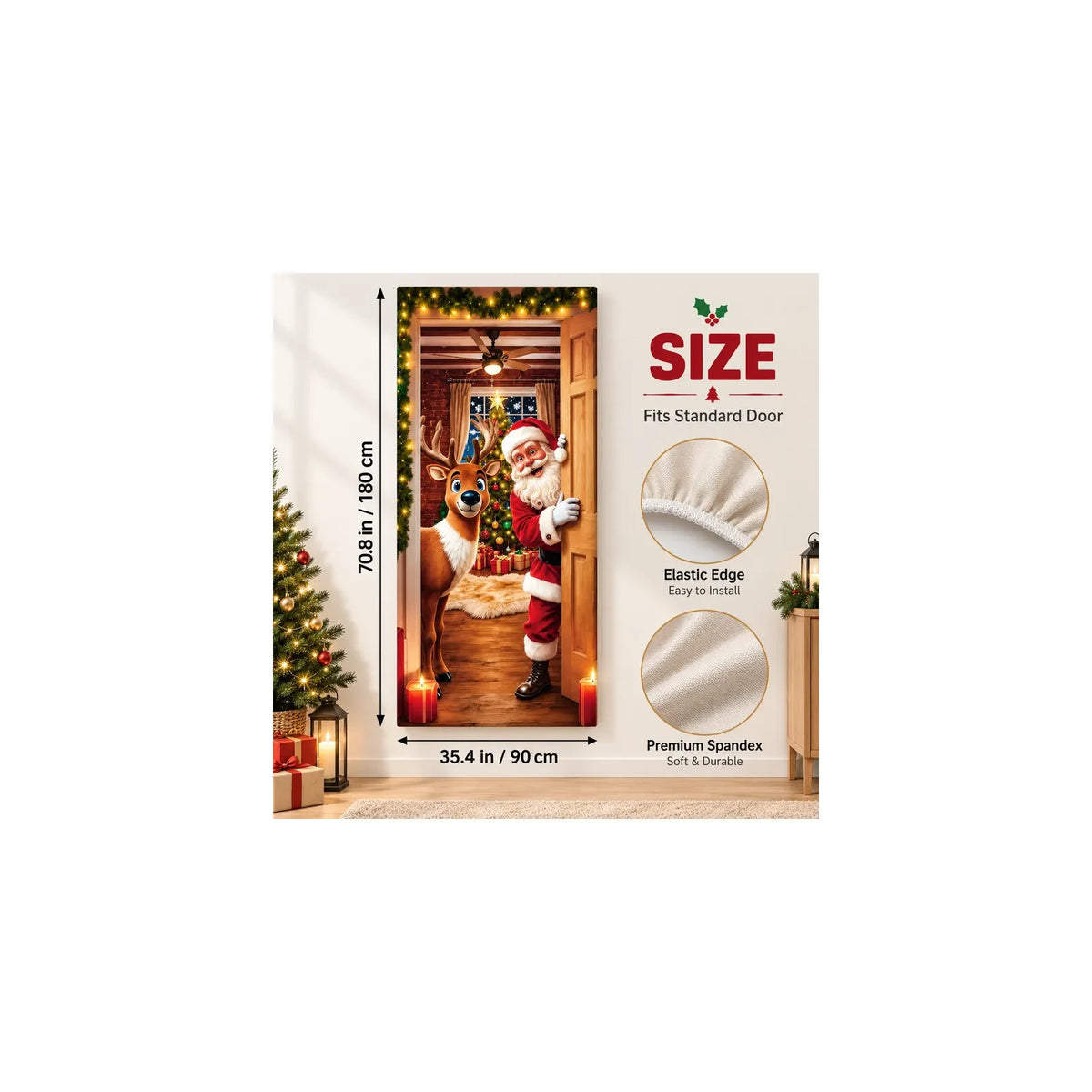 Christmas door cover size guide showing 180 cm height and 90 cm width with an elastic edge