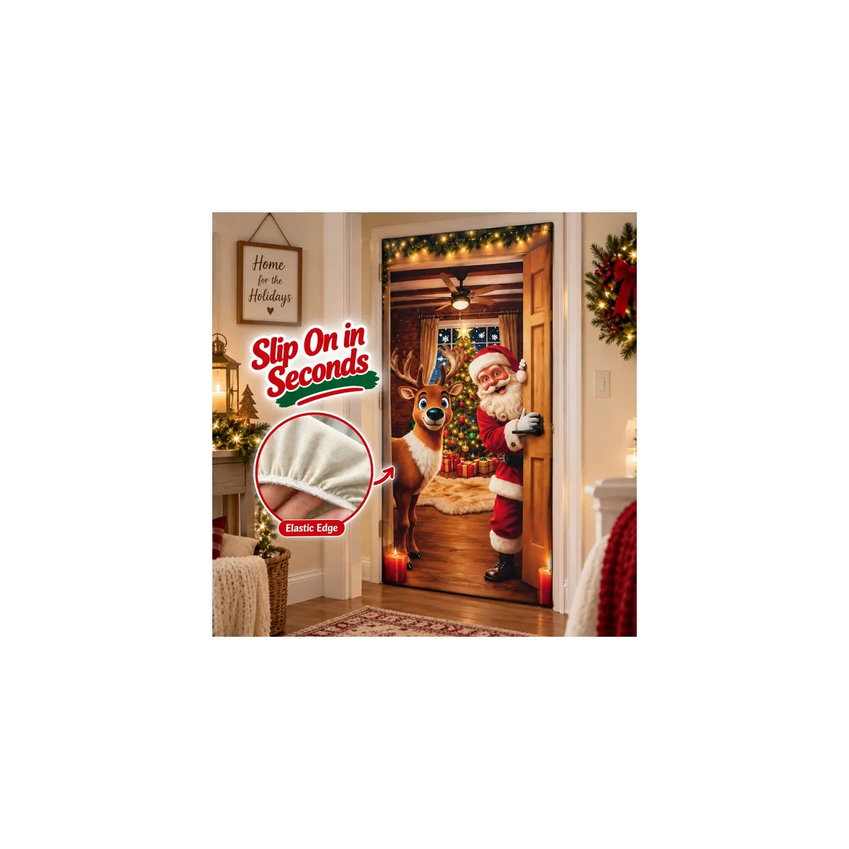 Style A Christmas stretch door cover showing Santa and a reindeer
