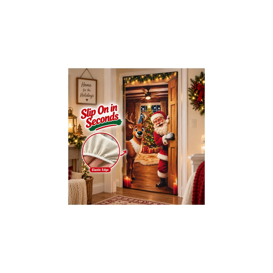 Style A Christmas stretch door cover showing Santa and a reindeer