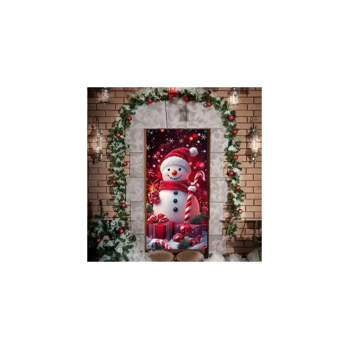 Style B Christmas door cover showing a snowman on a red snowy background