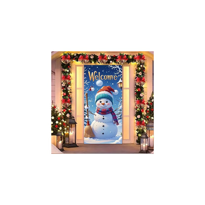 Style C Christmas door cover showing a snowman and Welcome lettering on blue
