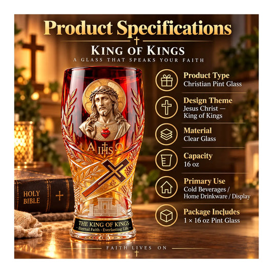 King of Kings Christian pint glass specification illustration:16oz clear glass,oneglass,no giftbox