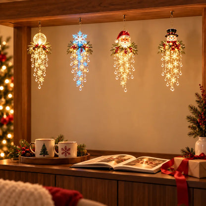 Four Christmas hanging-light styles displayed for comparison above a family photo album; each style sold separately