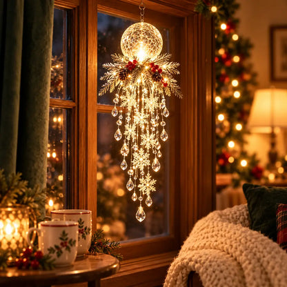 Crystal Globe hanging light with warm snowflake cascade beside a cozy Christmas window