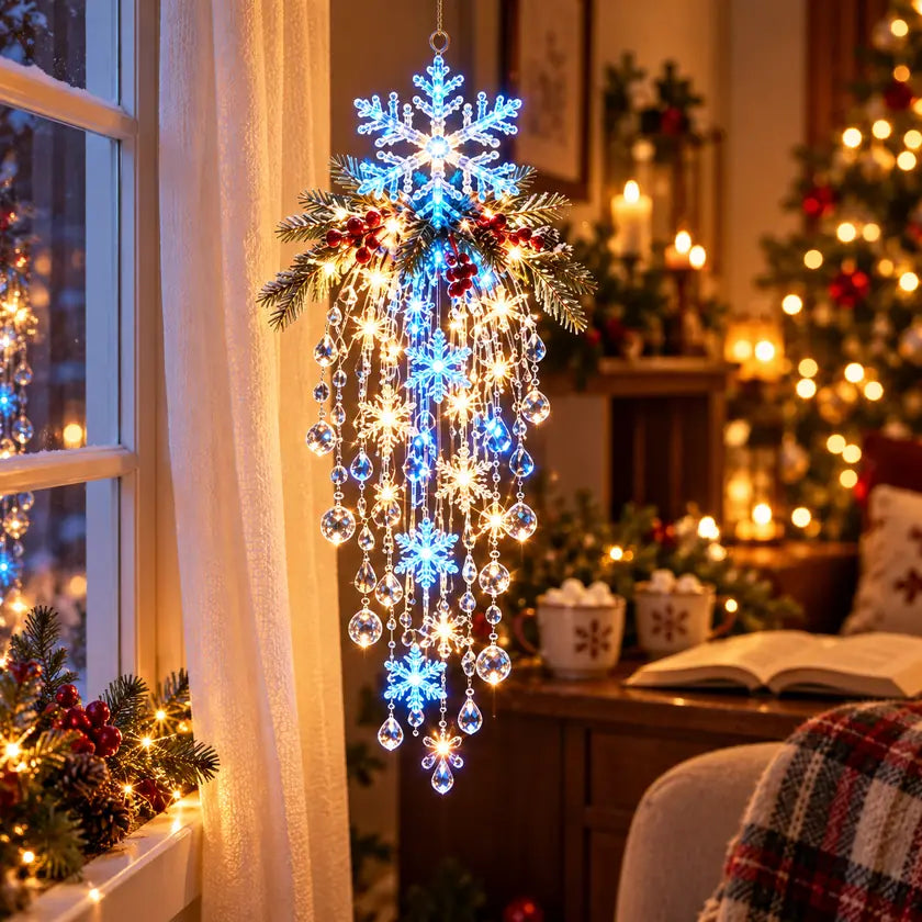 Blue Snowflake hanging light with blue and warm highlights beside a holiday reading nook
