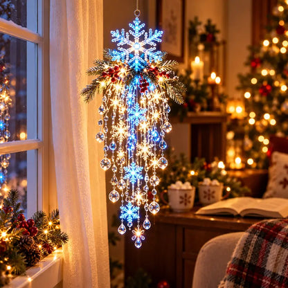 Blue Snowflake hanging light with blue and warm highlights beside a holiday reading nook