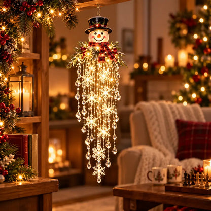 Snowman hanging light beside a cozy family game-night setting