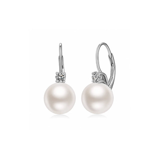 Pair of silver-tone faux pearl drop earrings with cubic zirconia accents and hinged closures
