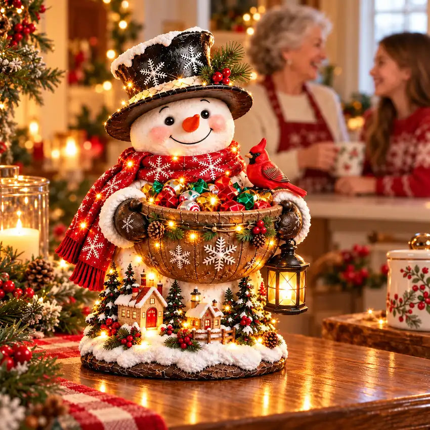 Snowman Christmas candy bowl holding wrapped treats in a warm family home