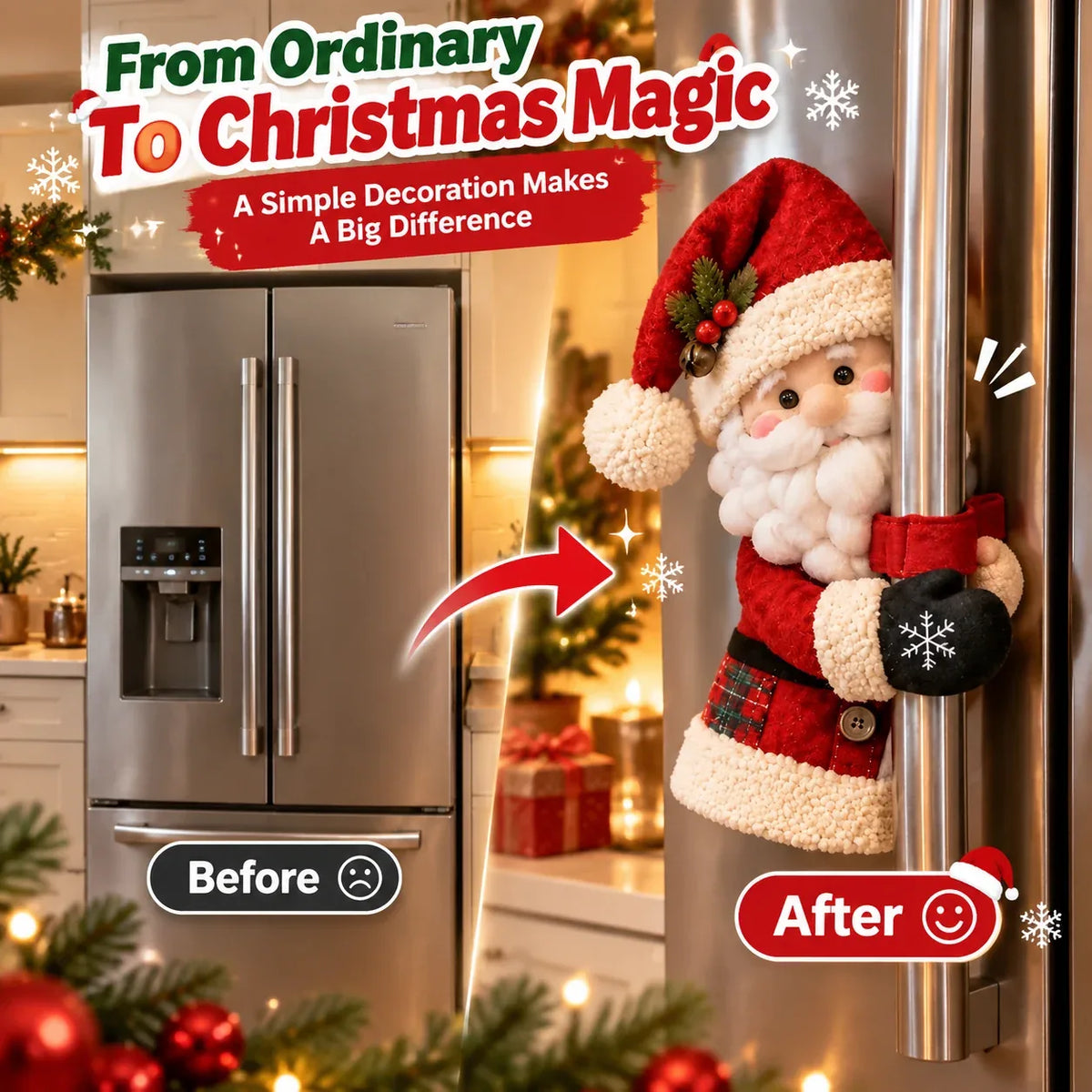 Santa refrigerator handle decoration shown on a vertical handle